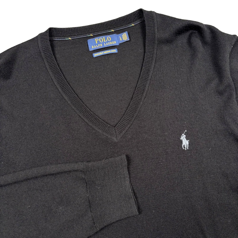 Polo Ralph Lauren Pullover Sweater Men's L Black Washable Merino Wool V Neck